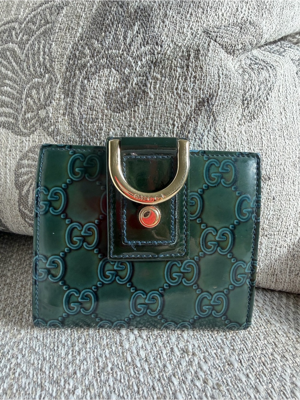 Gucci Guccissima Patent Leather French Wallet Dark Green Teal Gold Hardware